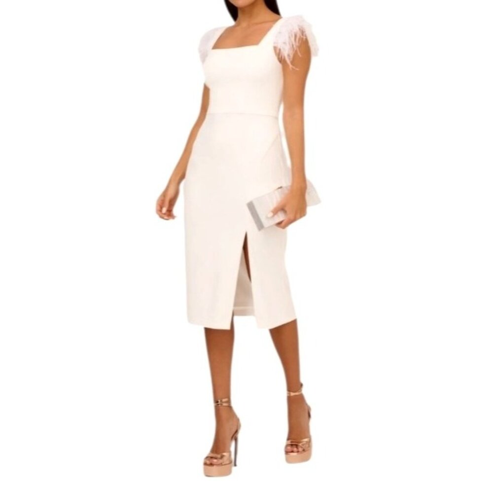 Adrianne Papell White Feather-Trimmed Midi Dress‎ With Side Slit Sz 14 NWT